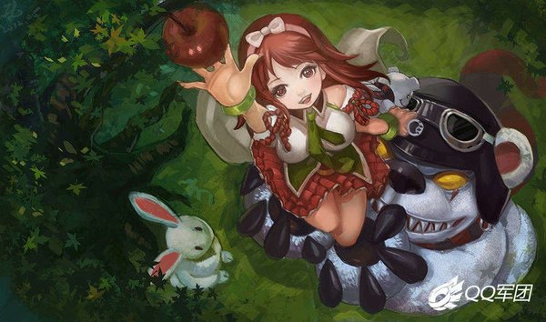 Anime picture 1000x590 with league of legends annie (league of legends) shaco (league of legends) single long hair looking at viewer breasts open mouth brown hair wide image brown eyes yellow eyes teeth sharp teeth girl hair ornament plant (plants) animal tree (trees) glasses