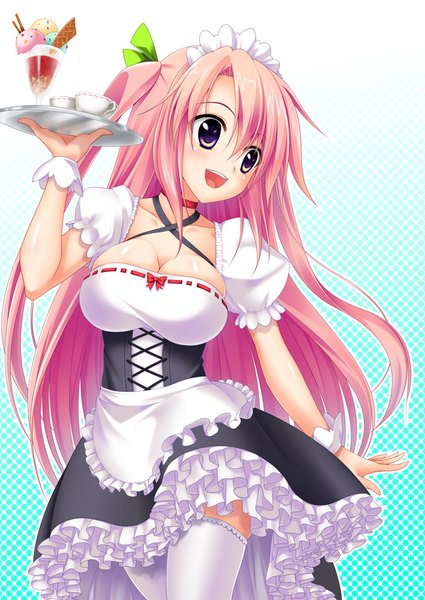 Anime picture 627x885 with original pochadon single long hair tall image blush open mouth light erotic purple eyes looking away pink hair maid girl thighhighs dress uniform white thighhighs food headdress sweets
