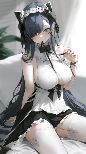 Anime picture 3363x6000 with azur lane august von parseval (azur lane) august von parseval (the conquered unhulde) (azur lane) 2sham single long hair tall image looking at viewer blush fringe highres breasts blue eyes light erotic large breasts sitting holding blue hair absurdres cleavage