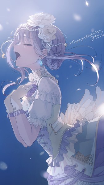 Anime picture 1152x2048 with bang dream! minato yukina nobusawa osamu single tall image short hair open mouth simple background braid (braids) eyes closed profile hair flower grey hair sparkle short sleeves puffy sleeves character names gradient background lens flare dated