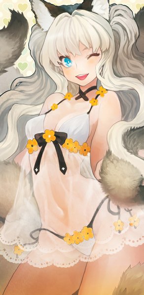 Anime picture 450x924 with vocaloid seeu cocorip (riprip) single long hair tall image looking at viewer blush fringe open mouth blue eyes light erotic twintails animal ears white hair tail animal tail one eye closed wink fox ears