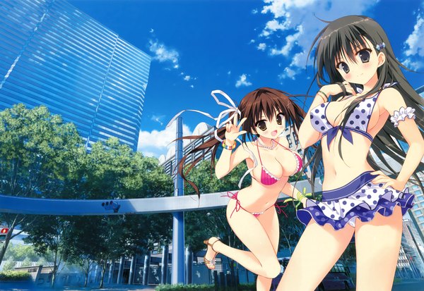 Anime picture 3625x2500 with kanojo no seiiki denkigai matsuri 2014 summer in shinjuku (artbook) akiyoshi fuyuka nase yukana ryohka long hair blush highres breasts open mouth light erotic black hair brown hair twintails multiple girls brown eyes absurdres sky cloud (clouds) black eyes