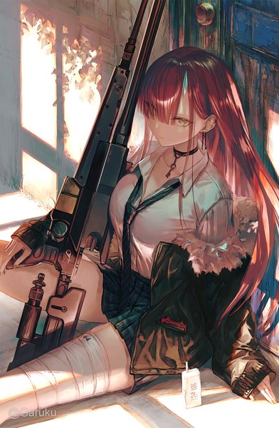 Anime picture 1125x1722 with original garuku single long hair tall image looking at viewer fringe sitting signed yellow eyes outdoors red hair long sleeves pleated skirt horn (horns) hair over one eye off shoulder arm support open jacket fur trim