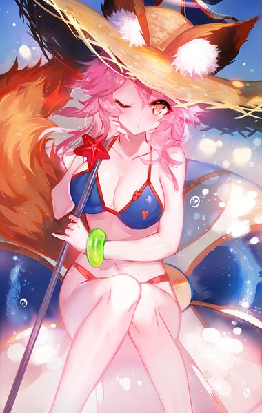 Anime picture 1500x2365 with fate (series) fate/grand order tamamo (fate) (all) tamamo no mae (swimsuit lancer) (fate) juexing (moemoe3345) single long hair tall image looking at viewer blush fringe breasts light erotic hair between eyes large breasts sitting holding animal ears yellow eyes pink hair