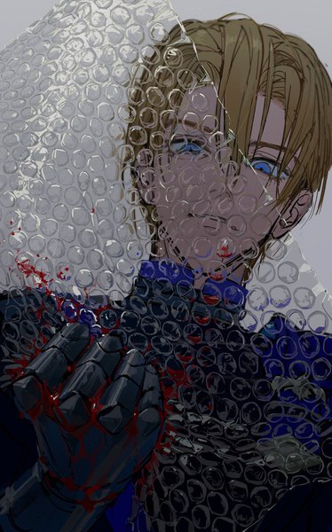 Anime picture 1278x2048 with fire emblem fire emblem: three houses nintendo dimitri alexandre blaiddyd moku (urotozm) single tall image looking at viewer fringe short hair blue eyes simple background blonde hair hair between eyes holding upper body parted lips grey background from below transparent