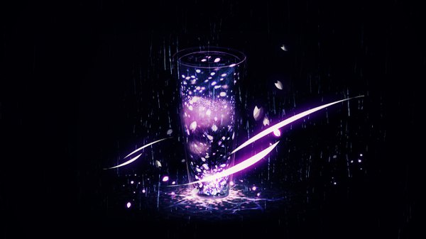 Anime picture 2560x1440 with original y y (ysk ygc) highres wide image wallpaper glowing black background rain no people abstract plant (plants) petals tree (trees) water glass