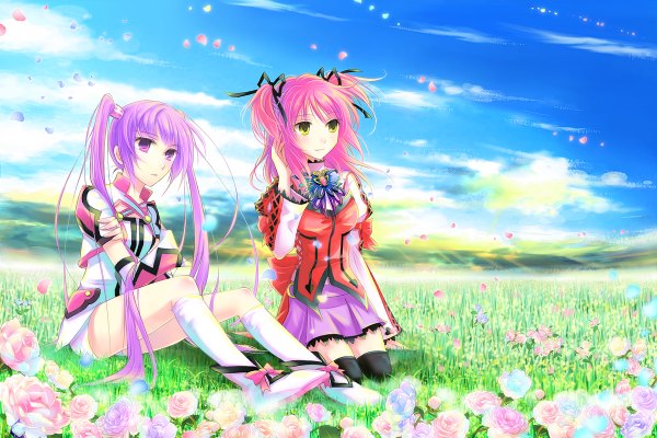 Anime picture 1200x800 with tales of (series) tales of graces sophie (tales) cheria barnes tagme (artist) long hair blush smile sitting twintails purple eyes multiple girls yellow eyes looking away pink hair sky purple hair cloud (clouds) adjusting hair girl