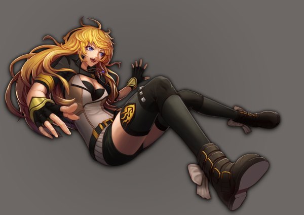 Anime picture 1403x992 with rwby rooster teeth yang xiao long gloomines (evolvis) single long hair fringe open mouth blue eyes light erotic simple background blonde hair grey background girl thighhighs skirt gloves underwear panties black thighhighs