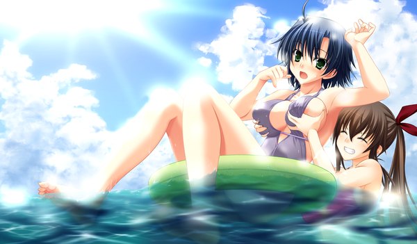 Anime picture 1024x600 with sora to kumo to kimi no koi long hair blush short hair breasts open mouth light erotic black hair smile brown hair wide image large breasts twintails multiple girls green eyes game cg ponytail breast grab afloat girl