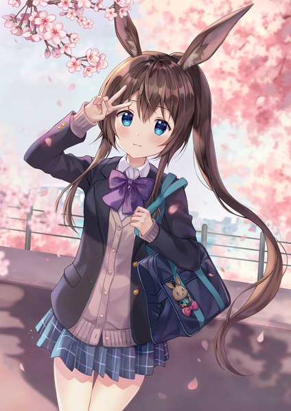 Anime picture 970x1373 with arknights amiya (arknights) mayo (miyusa) single long hair tall image blush blue eyes brown hair animal ears outdoors ponytail pleated skirt bunny ears cherry blossoms plaid skirt victory :3 spring girl