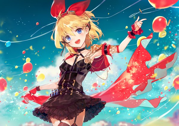 Anime picture 1800x1273 with king's raid annette (king's raid) ainy single blush fringe highres short hair open mouth blue eyes blonde hair smile hair between eyes standing sky cloud (clouds) ahoge outdoors nail polish head tilt