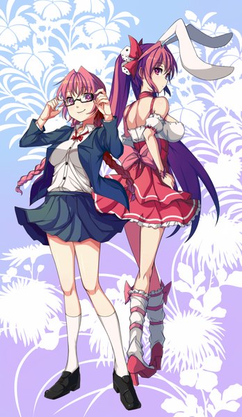 Anime picture 1160x2000 with di gi charat madhouse usada hikaru rabi en rose saiste long hair tall image looking at viewer blush fringe smile red eyes standing twintails animal ears red hair bunny ears dual persona girl dress