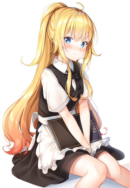 Anime picture 834x1200 with gabriel dropout doga kobo tenma gabriel white shiero. single long hair tall image looking at viewer blush fringe blue eyes simple background blonde hair hair between eyes white background sitting ahoge ponytail short sleeves maid