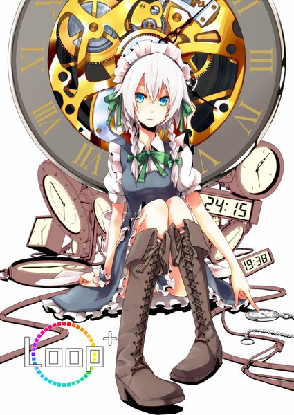 Anime picture 804x1134 with touhou izayoi sakuya shirofox (artist) single long hair tall image looking at viewer blue eyes sitting silver hair braid (braids) arm support maid puffy sleeves twin braids knees touching girl dress boots frills