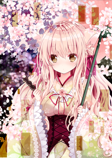 Anime picture 800x1127 with original nanase kureha nanase nao single long hair tall image looking at viewer blush fringe blonde hair hair between eyes brown eyes animal ears upper body cat ears cat girl cherry blossoms cute girl dress