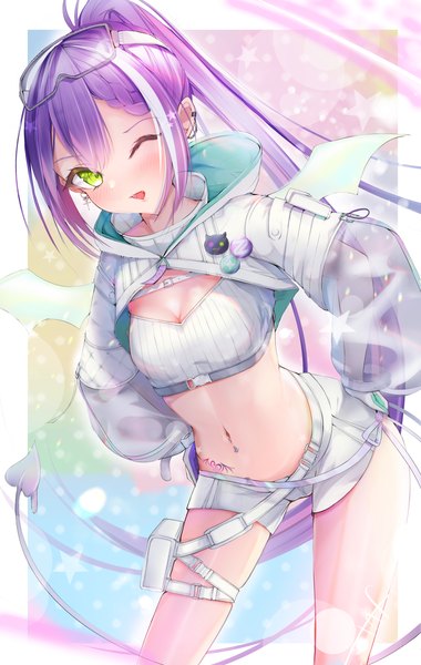 Anime picture 2742x4324 with virtual youtuber hololive tokoyami towa tokoyami towa (5th costume) infy single long hair tall image looking at viewer highres open mouth light erotic green eyes purple hair ponytail one eye closed wink midriff tattoo piercing