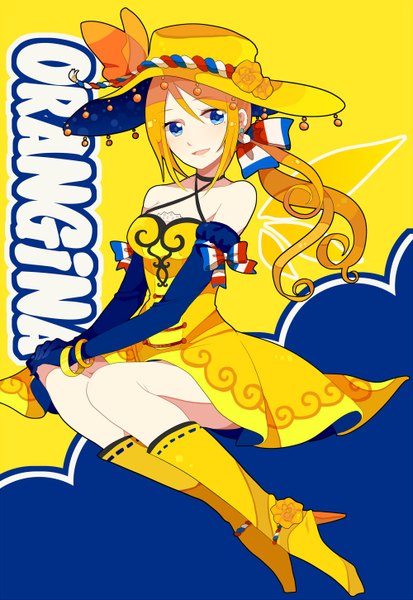 イラスト 1000x1451 と オリジナル orangina 名護せりか ソロ 長髪 長身像 開いた口 青い目 金髪 座る 肩出し looking away ポニーテール flag print 女の子 ドレス 手袋 リボン ヘアリボン 帽子