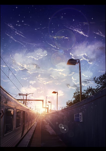 Anime picture 620x877 with original byakuya reki tall image sky cloud (clouds) sunlight night sparkle night sky lens flare evening sunset letterboxed no people revision morning sunrise sun wire (wires) power lines