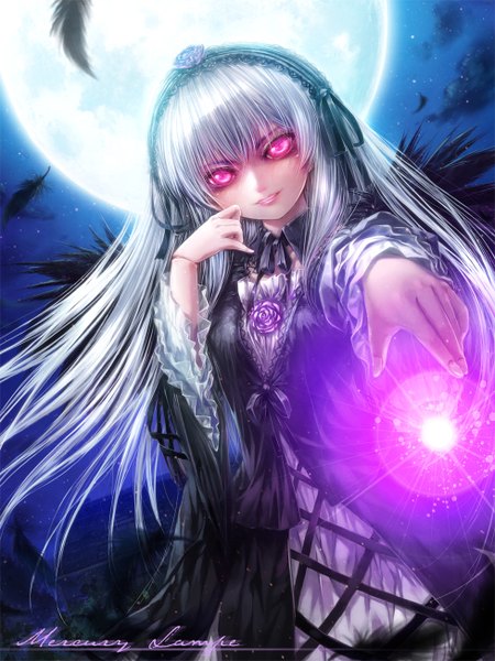 Anime picture 978x1304 with rozen maiden suigintou misaki (kyal 001) single long hair tall image sky silver hair pink eyes night character names glowing glowing eye (eyes) flying black wings lolita fashion goth-loli girl dress flower (flowers)