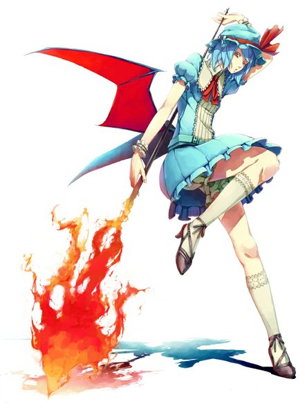 Anime picture 800x1088 with touhou remilia scarlet sousou (sousouworks) single tall image short hair simple background white background blue hair full body one eye closed wink shadow bat wings girl dress weapon hat wings socks