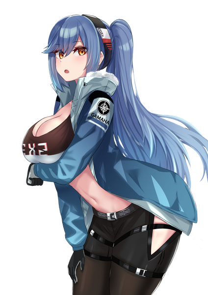 Anime picture 2894x4093 with azur lane essex (azur lane) essex (a trip down route 66) (azur lane) kanta (kanta 077) single long hair tall image looking at viewer fringe highres breasts open mouth light erotic hair between eyes large breasts standing payot blue hair cleavage ponytail