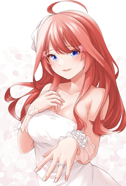 Anime picture 2100x3088 with go-toubun no hanayome nakano itsuki tokufumi single long hair tall image looking at viewer blush fringe highres breasts open mouth blue eyes light erotic simple background smile hair between eyes large breasts white background ahoge