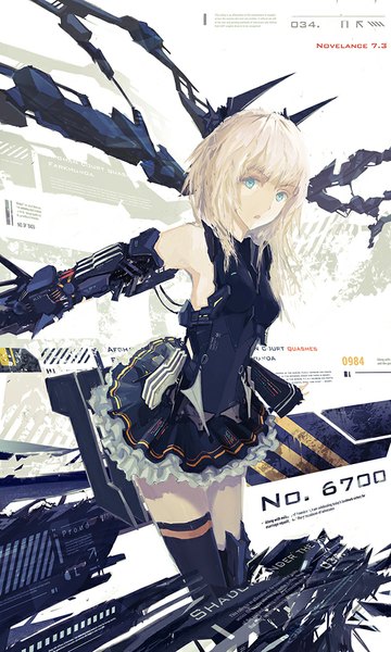 Anime-Bild 600x1000 mit original novelance single tall image looking at viewer fringe short hair blue eyes blonde hair standing bare shoulders parted lips pleated skirt outstretched arm frilly skirt mechanical mechanical arms mechanical wings girl thighhighs