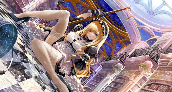 Anime picture 2358x1263 with original ito lab single long hair looking at viewer highres blue eyes light erotic blonde hair wide image sitting holding bent knee (knees) indoors mole short sleeves wet high heels dutch angle mole under eye