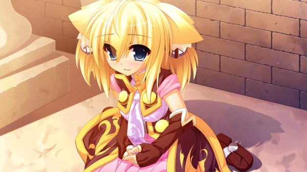 Anime picture 1280x720 with tiny dungeon (game) rosebleu uluru single short hair blue eyes blonde hair wide image animal ears game cg cat ears loli tears girl gloves fingerless gloves