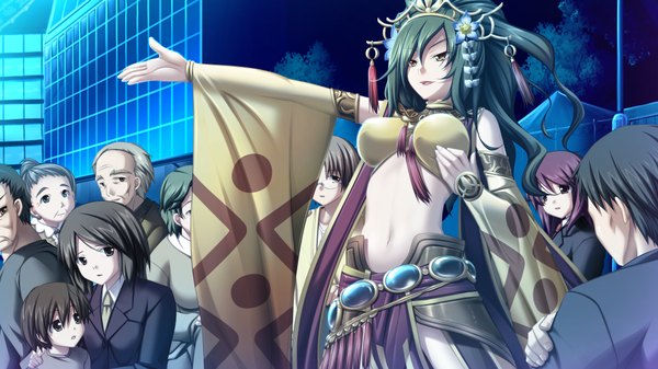 Anime picture 1024x576 with soukoku no arterial long hair wide image yellow eyes game cg green hair midriff girl navel hair ornament detached sleeves people