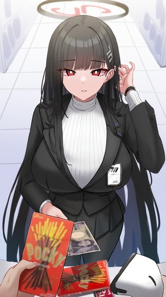 Anime picture 840x1500 with blue archive rio (blue archive) mijikayo (user eyyx8247) long hair tall image looking at viewer fringe breasts light erotic black hair red eyes large breasts standing holding indoors long sleeves parted lips arm up from above solo focus