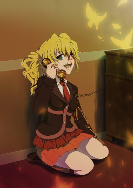 Anime picture 2480x3507 with umineko no naku koro ni ushiromiya jessica yooguru (artist) tall image highres open mouth blonde hair sitting green eyes girl skirt miniskirt necktie insect butterfly blood wire (wires) phone