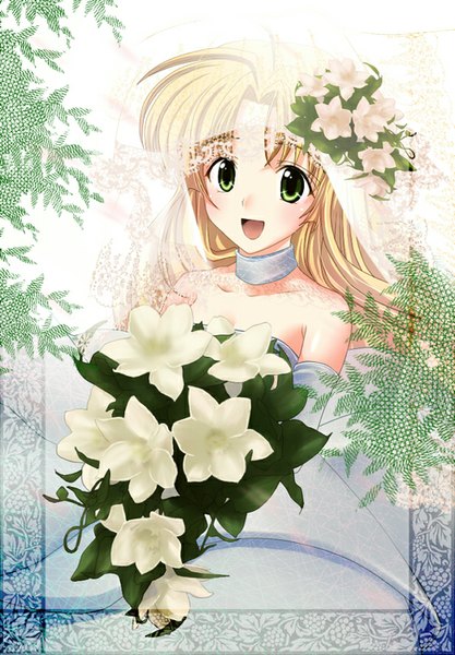 Anime picture 592x850 with highschool dxd asia argento natsumikan (pixiv 1570008) single long hair tall image blush fringe open mouth blonde hair bare shoulders green eyes looking away hair flower girl dress gloves hair ornament flower (flowers) choker