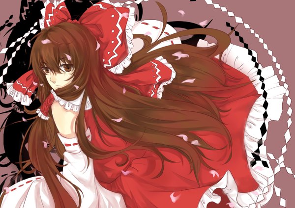 Anime picture 3507x2480 with touhou hakurei reimu hongmao single long hair looking at viewer highres simple background brown hair brown eyes absurdres miko brown background girl bow hair bow detached sleeves petals