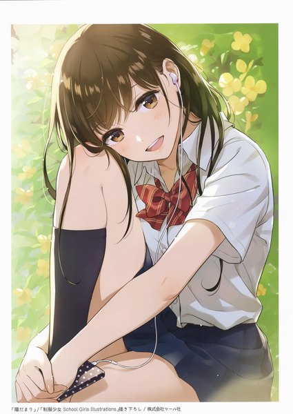 Anime picture 2096x2961 with original morikura en single long hair tall image looking at viewer blush fringe highres open mouth smile hair between eyes brown hair sitting holding brown eyes bent knee (knees) head tilt pleated skirt fingernails