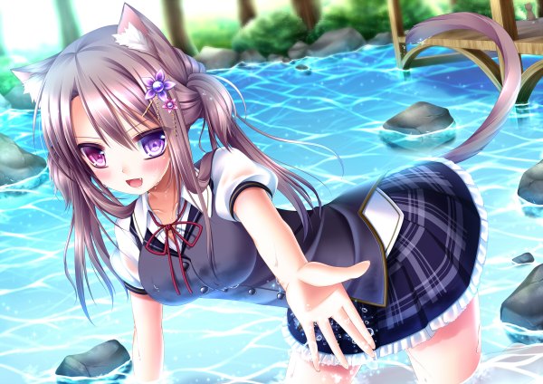 Anime picture 1200x848 with original shitou single long hair looking at viewer blush open mouth smile brown hair twintails animal ears tail animal tail hair flower cat ears teeth wet cat girl cat tail fang (fangs)