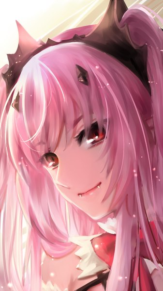 Anime picture 720x1280 with owari no seraph wit studio kururu tepes sanakiii single long hair tall image looking at viewer fringe red eyes twintails bare shoulders payot pink hair horn (horns) light smile fang (fangs) portrait eyebrows vampire