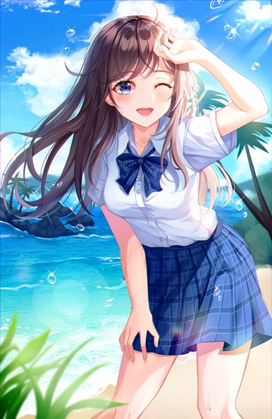 Anime picture 3464x5324 with original yulha 06 single long hair tall image looking at viewer blush fringe highres open mouth blue eyes smile brown hair standing absurdres sky cloud (clouds) outdoors one eye closed arm up