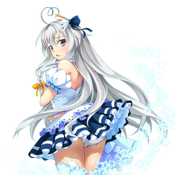 Anime picture 1000x1000 with idolmaster idolmaster cinderella girls idolmaster cinderella girls starlight stage hoshi syoko tebukuro single long hair open mouth light erotic simple background white background bare shoulders white hair looking back grey eyes pantyshot starry sky bright girl dress underwear