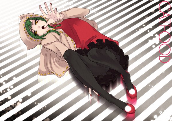 Anime picture 1500x1061 with vocaloid cat food (vocaloid) hatsune miku riff (artist) single open mouth yellow eyes nail polish green hair girl skirt miniskirt shoes hood hoodie