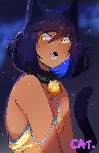 Anime picture 1364x2098 with original lightsource single tall image blush fringe short hair open mouth black hair hair between eyes bare shoulders animal ears yellow eyes looking away upper body tail animal tail cat ears inscription night