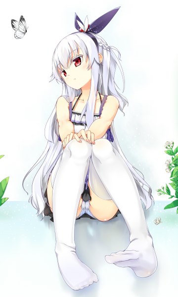 Anime picture 1500x2500 with original kaede (yumesaki kaede) single long hair tall image light erotic red eyes white hair pantyshot revision girl thighhighs dress underwear panties bow hair bow white thighhighs insect butterfly