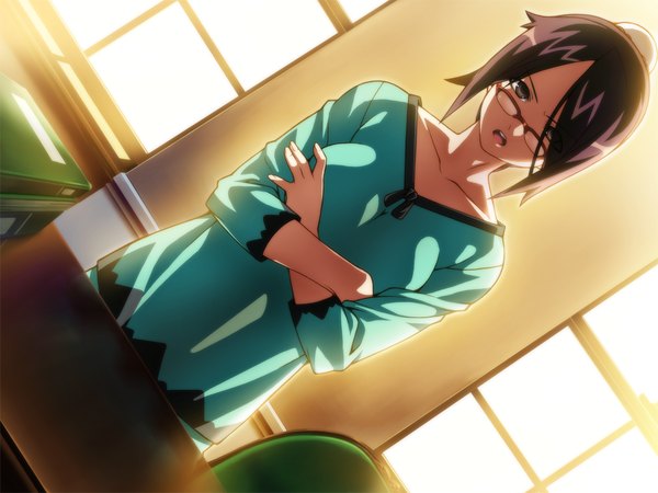 Anime picture 1024x768 with hotel (game) short hair open mouth black hair brown eyes game cg girl glasses window