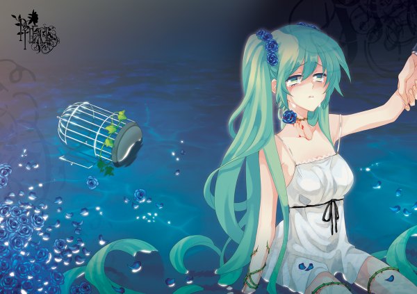 Anime picture 1200x846 with vocaloid hatsune miku ayto fringe hair between eyes sitting twintails payot very long hair arm up hair flower tears looking up crying bleeding girl dress flower (flowers) plant (plants) petals