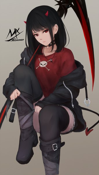 Anime picture 900x1578 with original shimmer single tall image looking at viewer fringe short hair black hair simple background red eyes sitting signed payot bent knee (knees) tail head tilt horn (horns) off shoulder open jacket gradient background