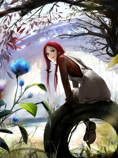 Anime picture 709x945 with original mujiha (mlog) single long hair tall image looking at viewer blush smile sitting twintails brown eyes red hair looking back crossed legs girl flower (flowers) plant (plants) tree (trees) grass bridge