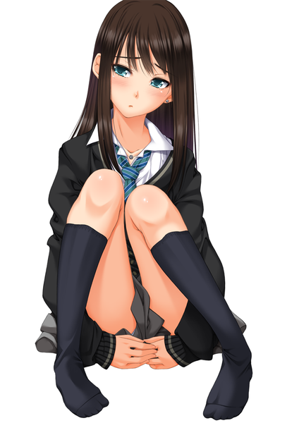 Anime picture 744x1052 with idolmaster idolmaster cinderella girls shibuya rin chiro (pixiv) single long hair tall image looking at viewer blush blue eyes light erotic black hair simple background white background sitting knees together feet apart girl uniform school uniform socks