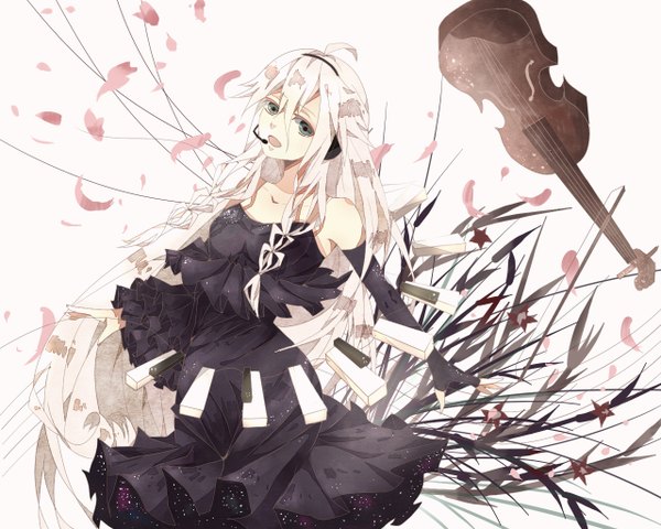 Anime picture 1280x1024 with vocaloid ia (vocaloid) kimven (wenzisama) single long hair looking at viewer open mouth blue eyes simple background white background bare shoulders white hair braid (braids) twin braids spread arms singing girl dress gloves petals