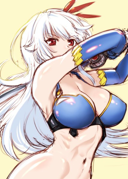 Anime picture 571x800 with madan no ou to vanadis eleonora viltaria ueyama michirou single long hair tall image fringe breasts light erotic red eyes large breasts white hair albino girl gloves navel hair ornament weapon sword elbow gloves
