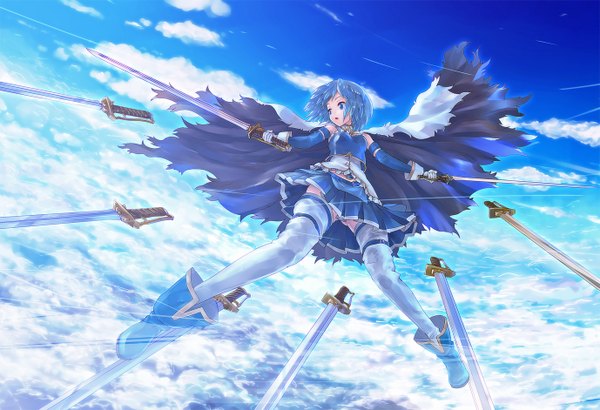 Anime picture 1378x942 with mahou shoujo madoka magica shaft (studio) miki sayaka single short hair blue eyes blue hair sky cloud (clouds) flying thighhighs skirt gloves weapon detached sleeves white thighhighs sword boots